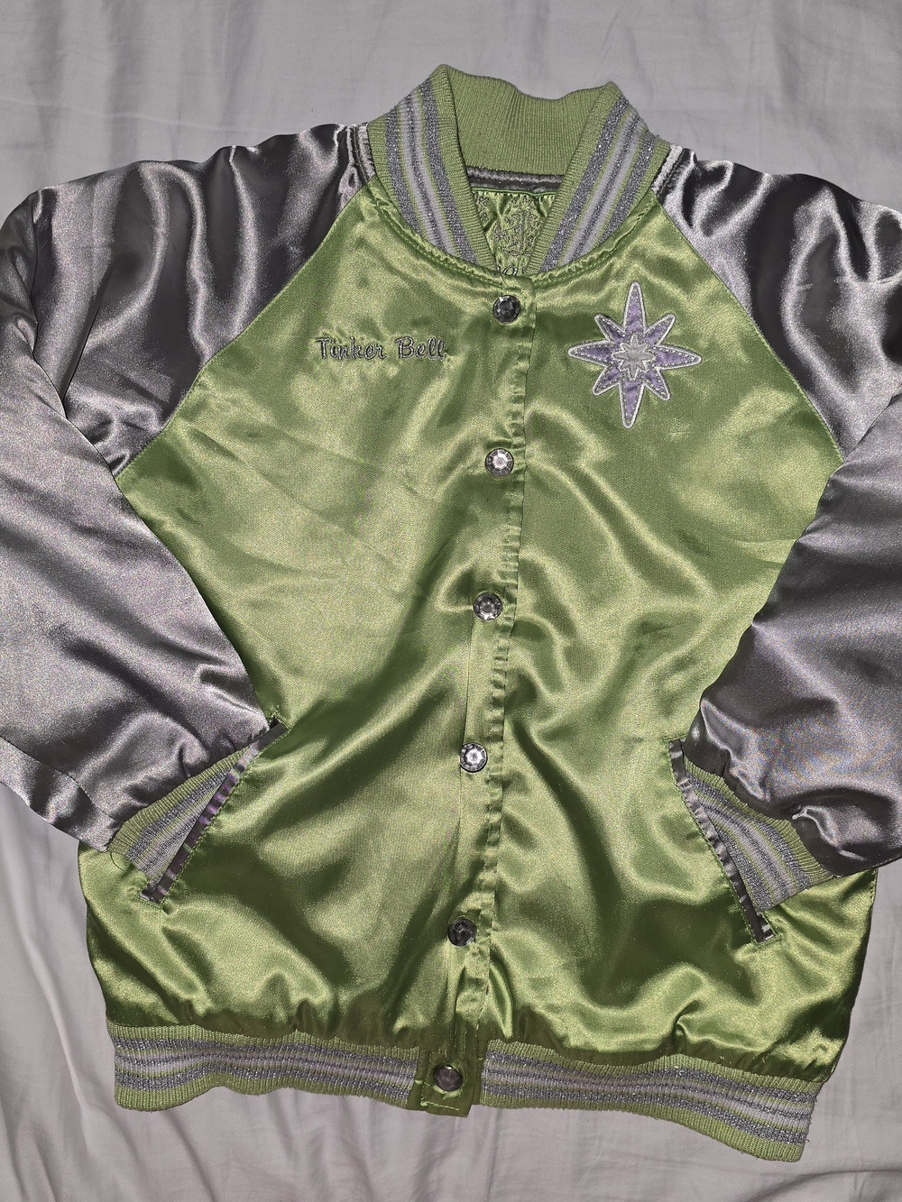 Vintage Disney Store Tinkerbell Metallic Green Satin Varsity Jacket Sparkle Sz 7